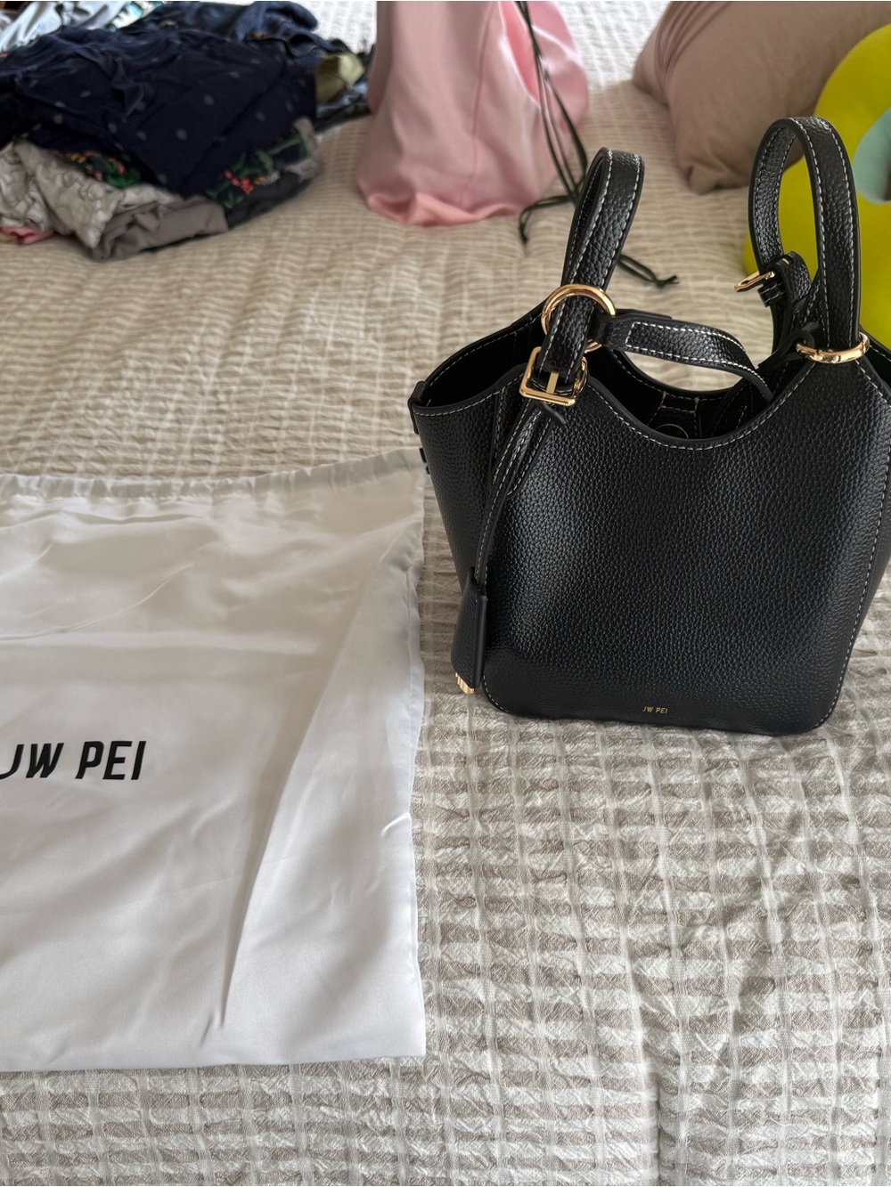 JW PEI Black Pebbled Bucket Shoulder Bag with Gold Hardware